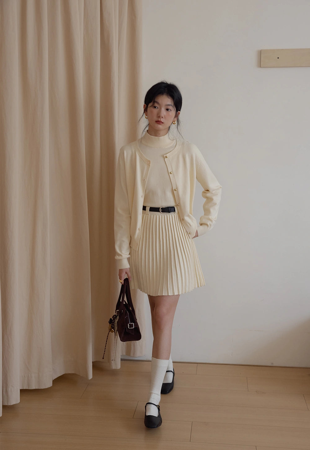 Women's Cream Cardigan and Pleated Dress Set