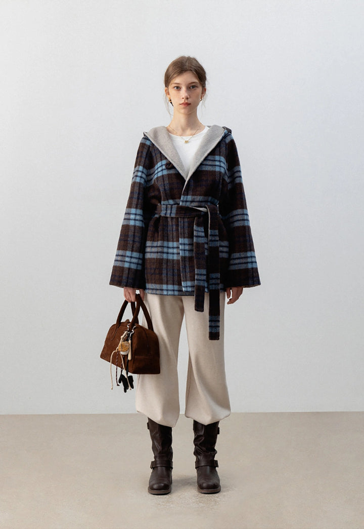 Plaid Hooded Belted Coat