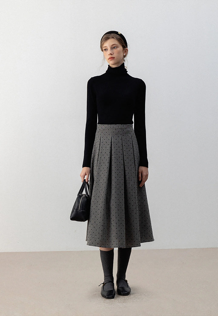 Gray Pleated Polka Dot Midi Skirt