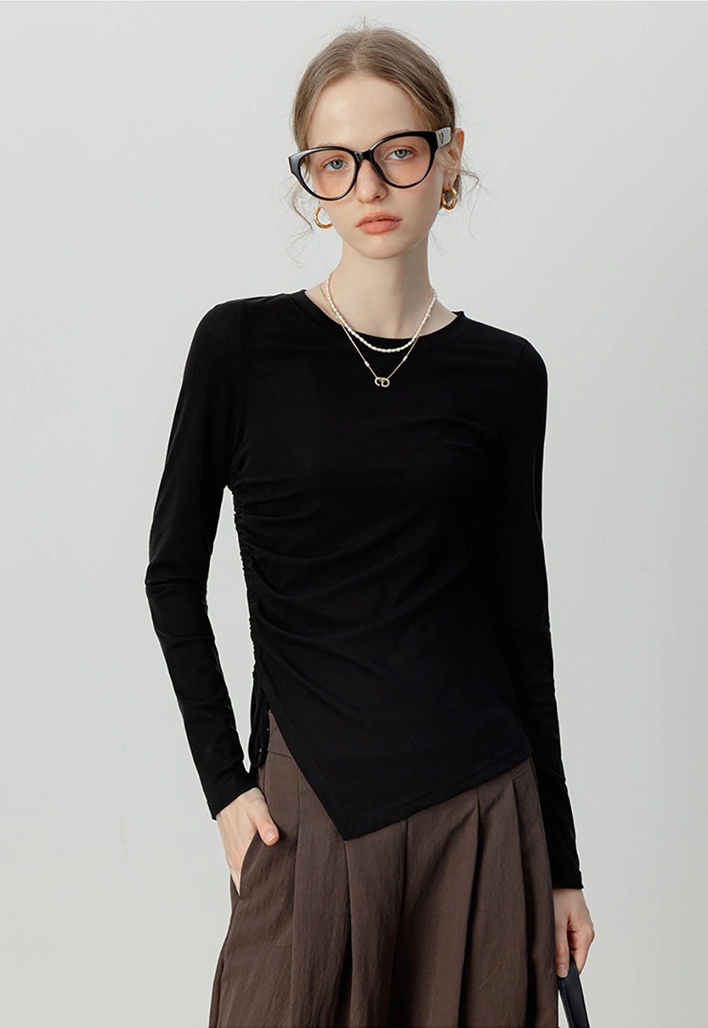 Ruched Side-Tie Long-Sleeve Top