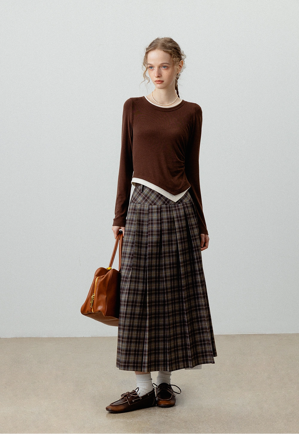 Women's High-Waisted Plaid Pleated Midi Skirt with Belt