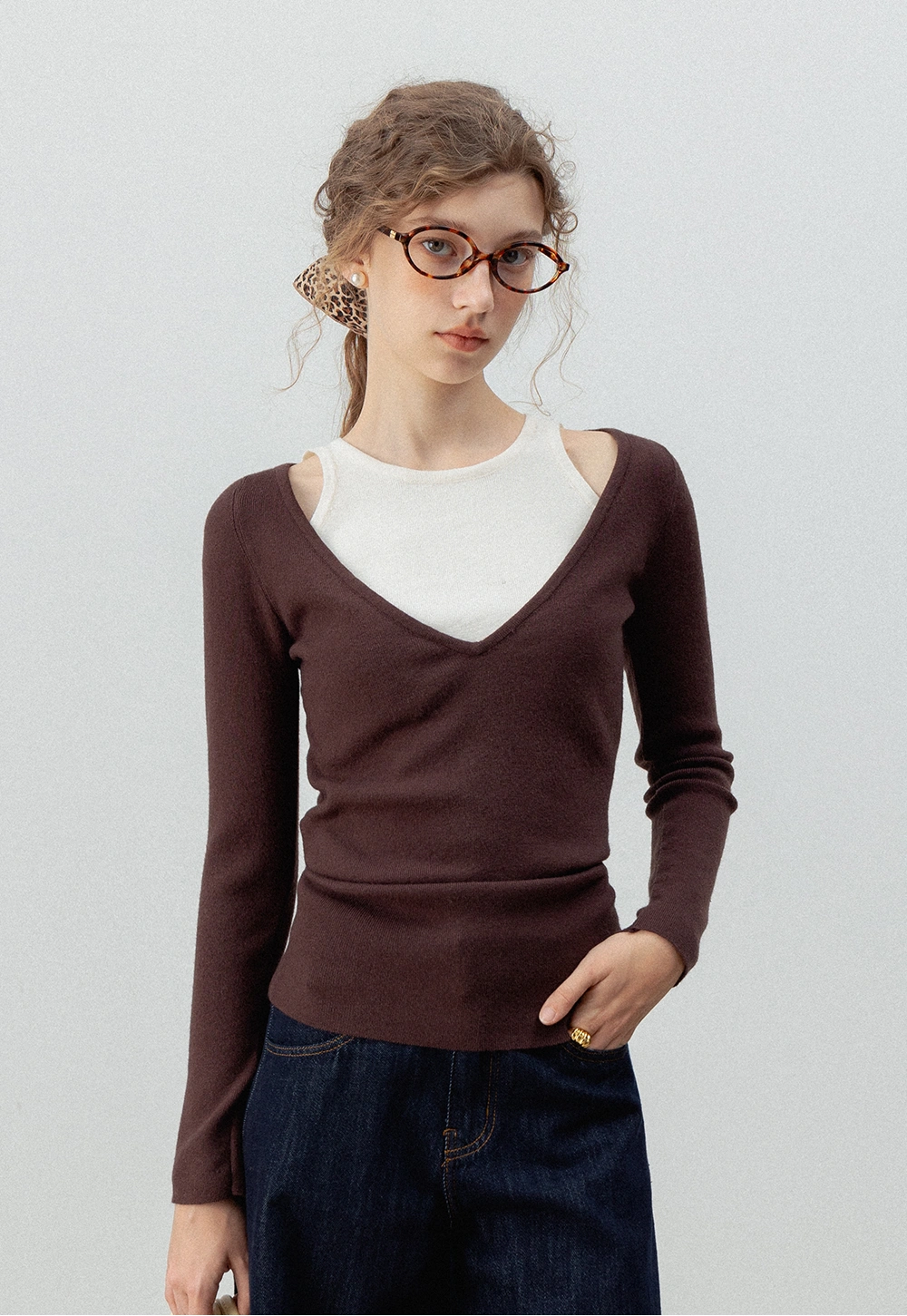 Women's V-Neck Cutout Sweater with Layered Look