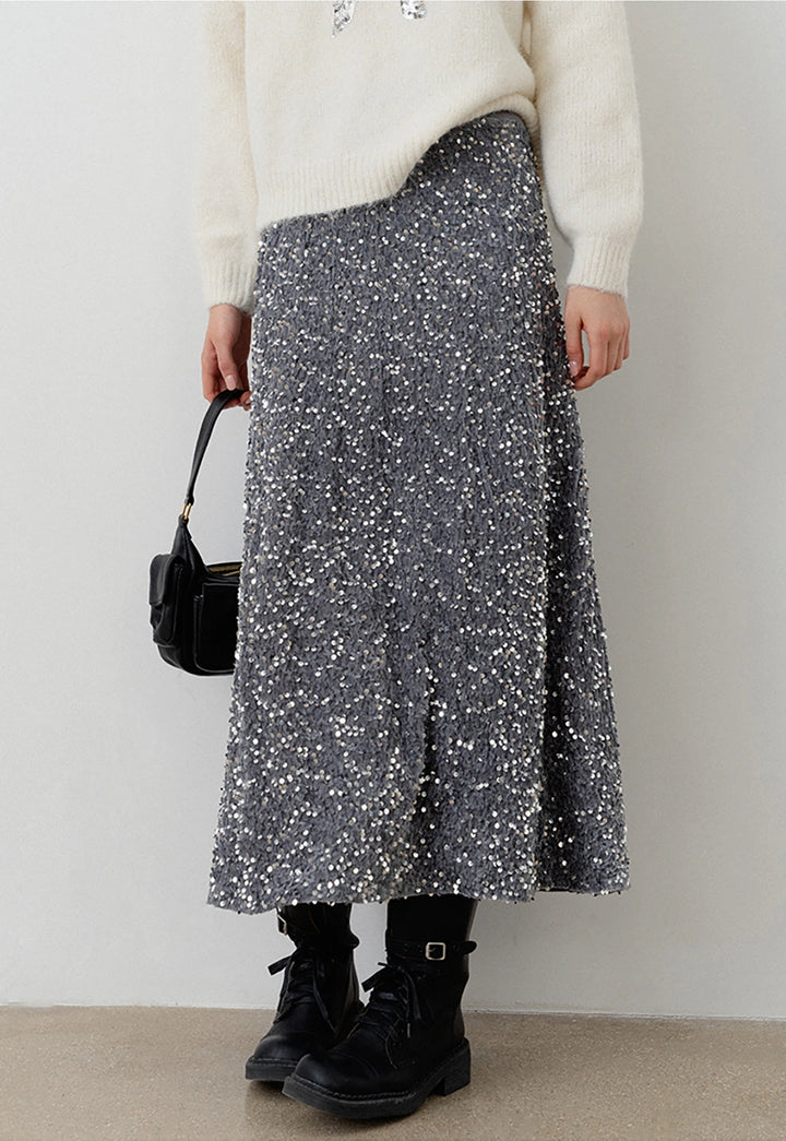 Women's Sparkly Silver Sequin Midi Skirt