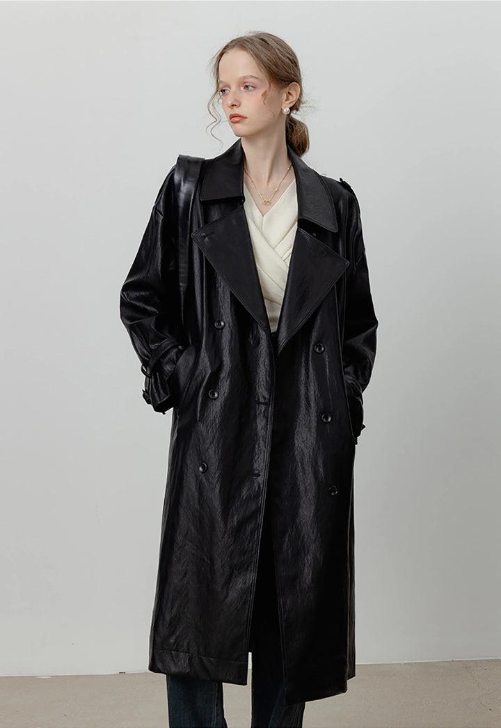 Women's Oversized Double-Breasted Faux Leather Trench Coat