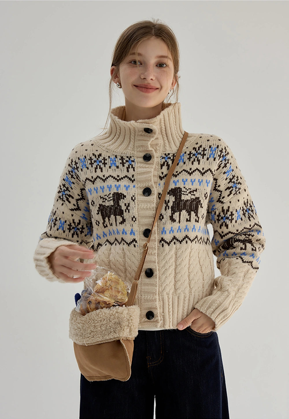 Women's Horse Print Fair Isle Cardigan Sweater