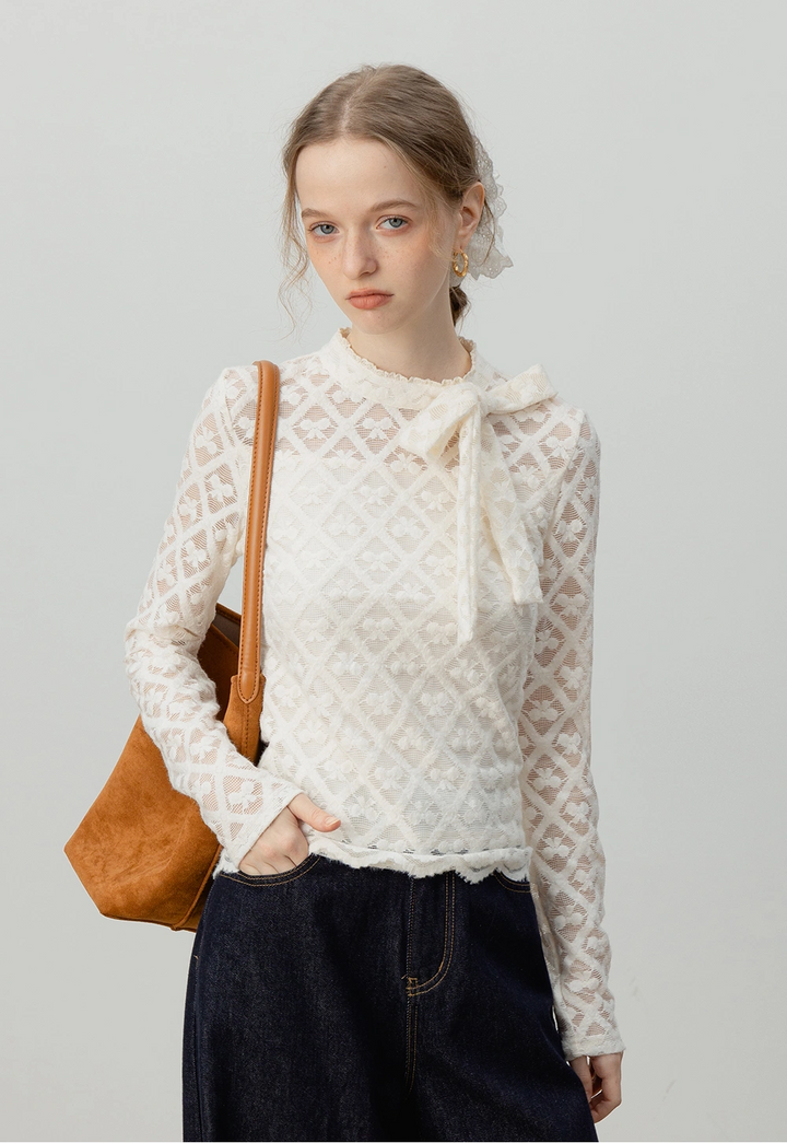 Lace Bow-Tie Long-Sleeve Top