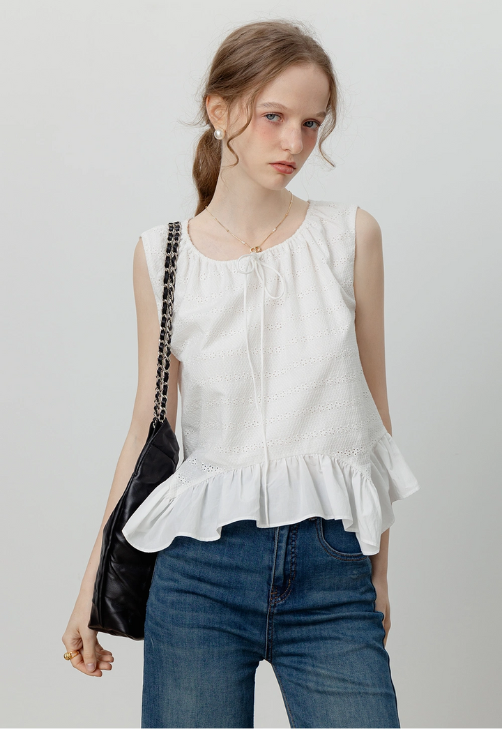 Women's Ruffled Eyelet Top with Round Neck