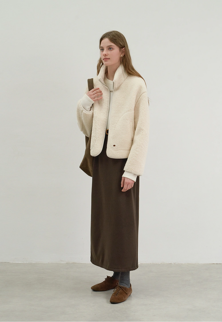 Lambswool Stand Collar Fur Short Coat