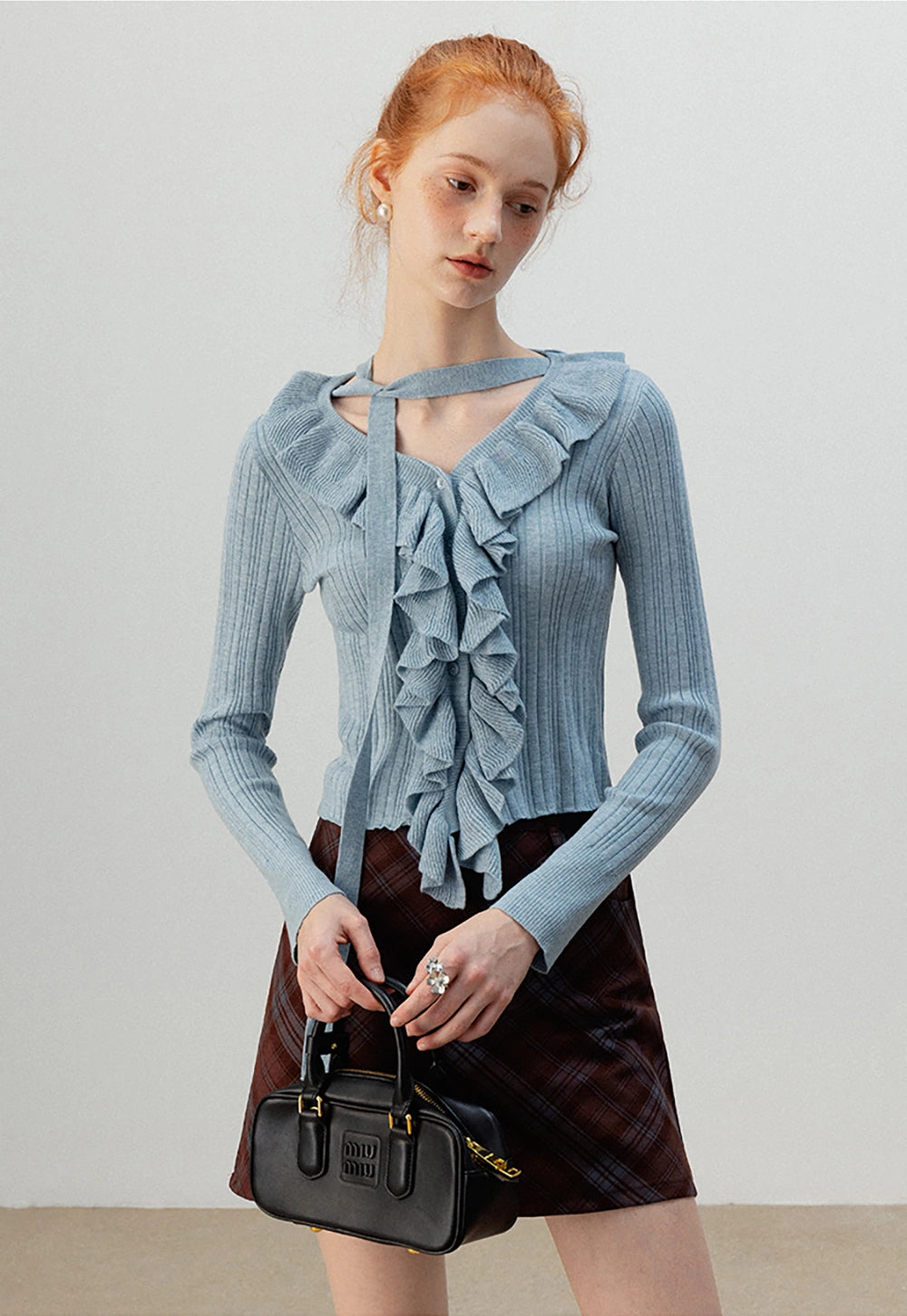 Women's V-Neck Long Sleeve Ruffle Knit Top