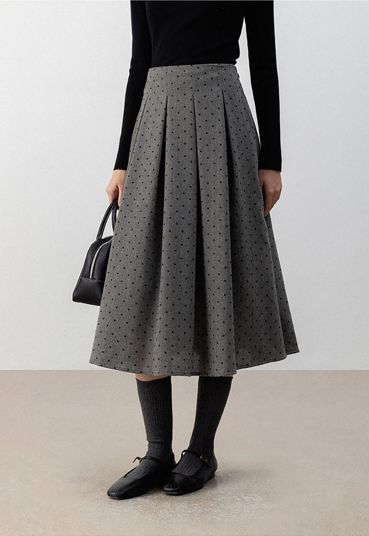 Gray Pleated Polka Dot Midi Skirt