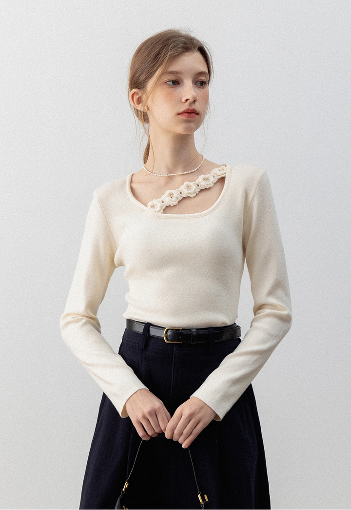 Asymmetric Cutout Long Sleeve Top with Crochet Detail