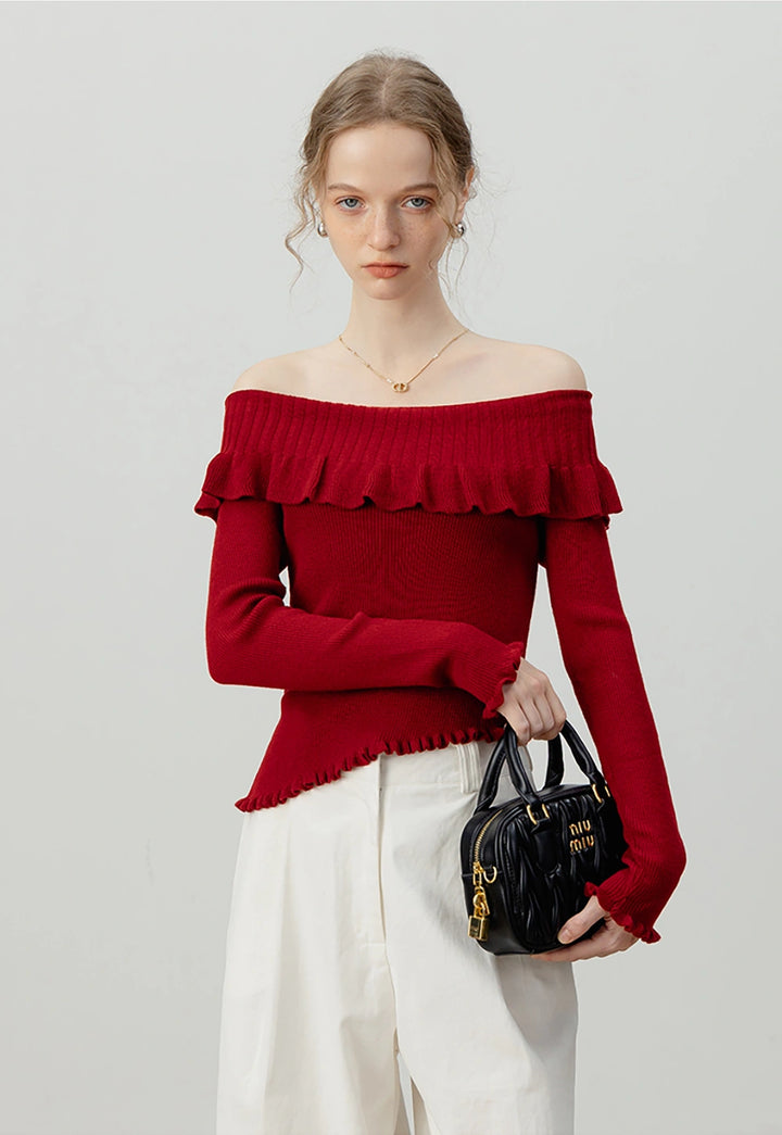 Off-Shoulder Ruffle Long Sleeve Knit Top