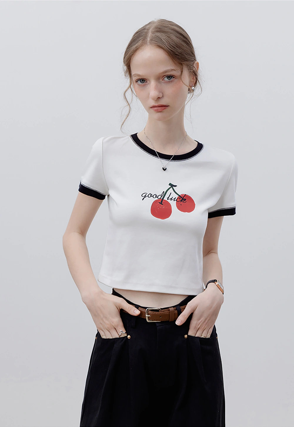 Women's Ringer Tee with Cherry 'Good Luck' Graphic