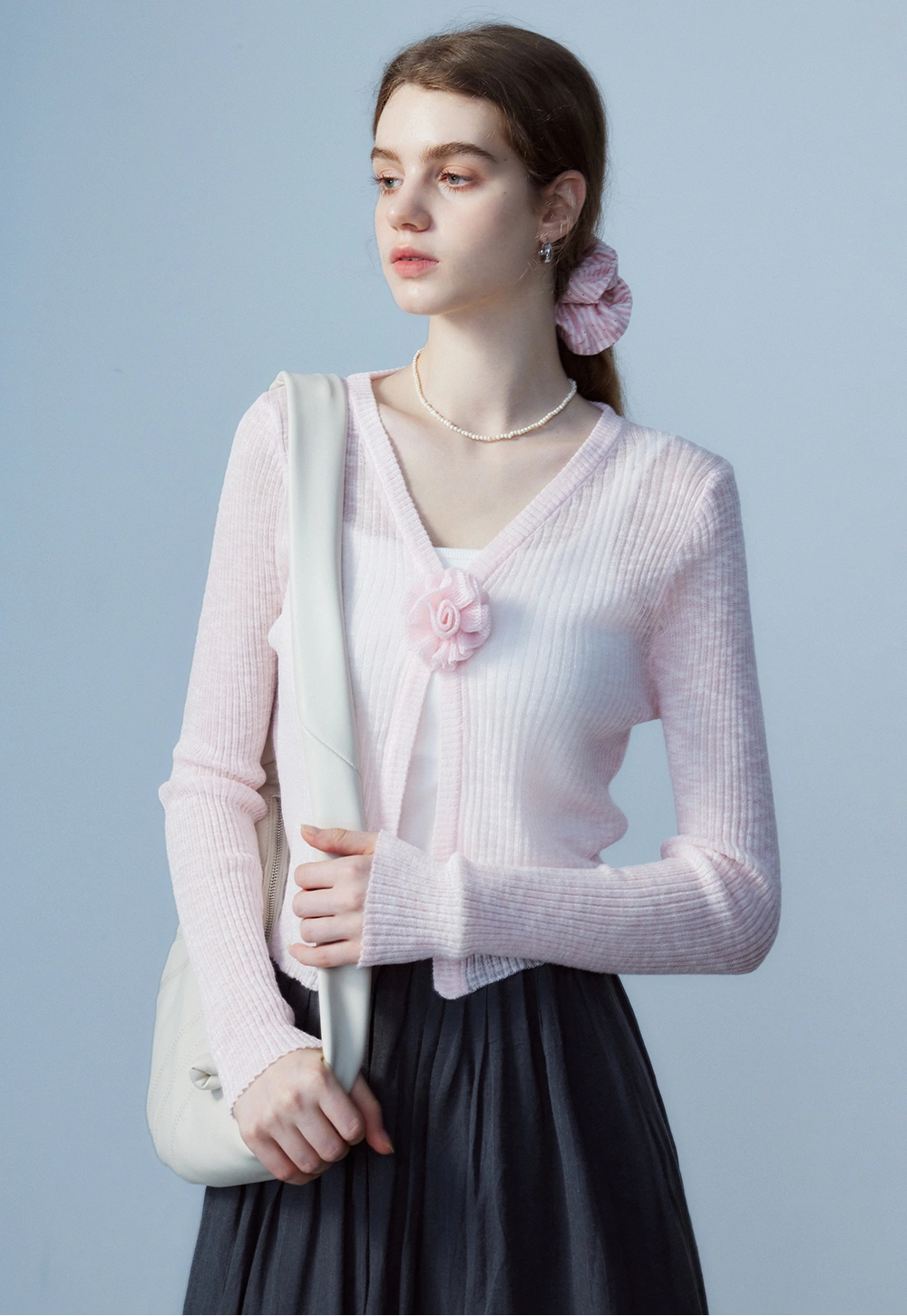 Women's V-Neck Knit Cardigan with Flower Detail