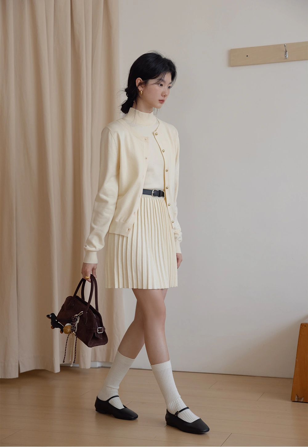 Cream Cardigan and Pleated Skirt Set