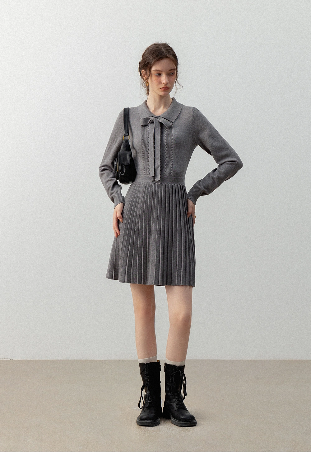 Women's Long-Sleeve Knit Dress with Bow Tie and Pleated Skirt