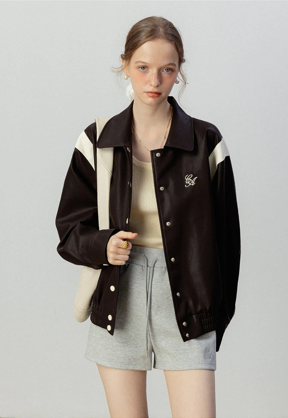 Women's Faux Leather Button-Up Bomber Jacket