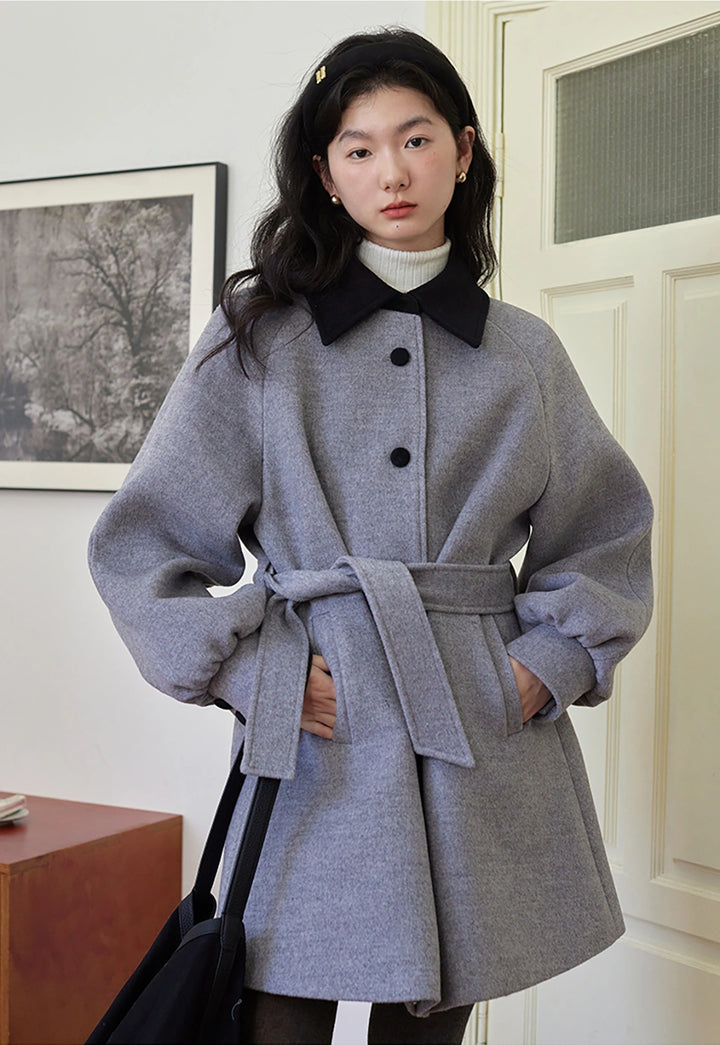 Wool Coat with Contrast Collar and Belted Waist