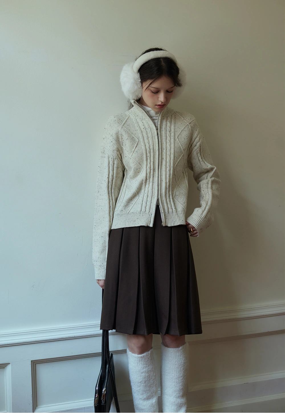 Cable-Knit High-Neck Zip-Up Cardigan