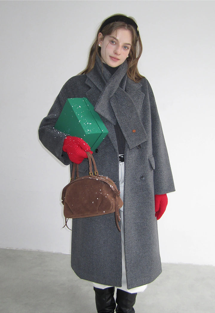 Double-Breasted Quilted Woolen Coat With Scarf