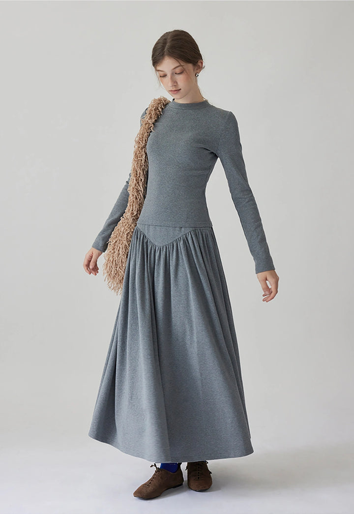 Women's Long Sleeve Shirt and High Waisted Pleated Maxi Skirt Set