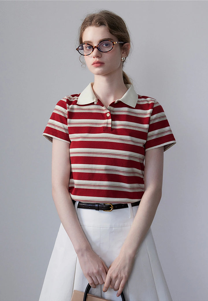 Women's Striped Polo Shirt with Contrast Collar