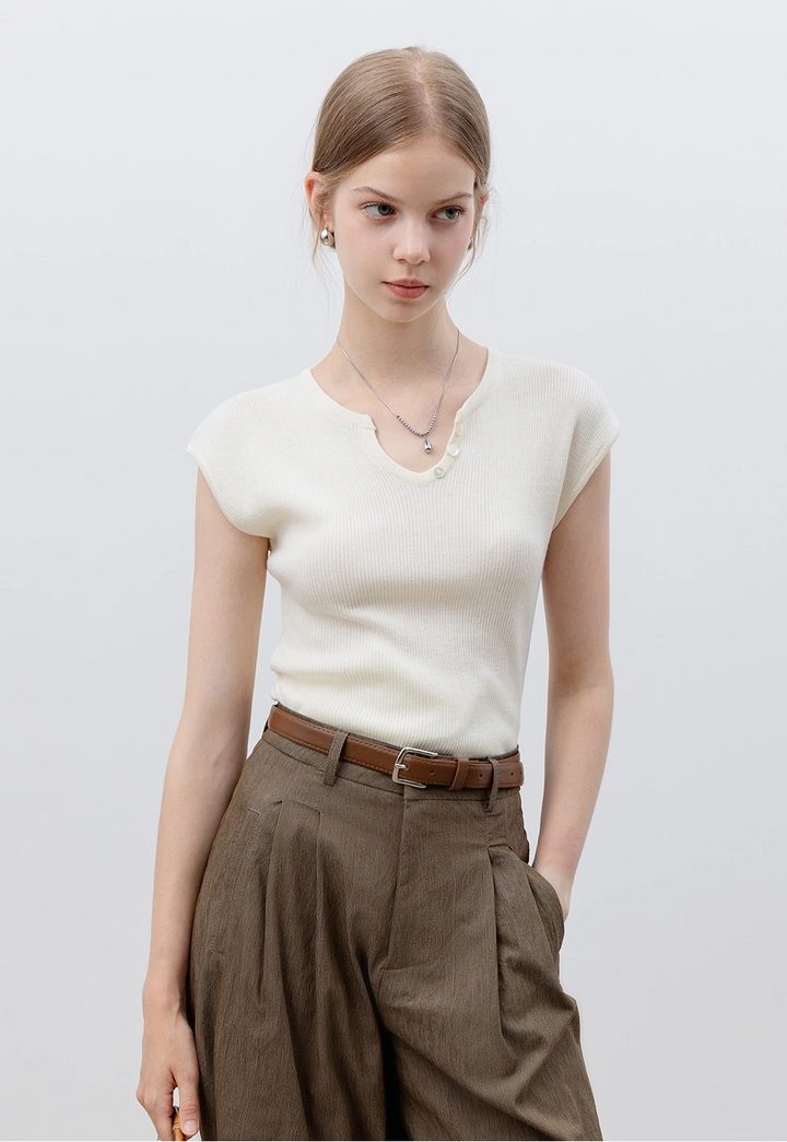 Women's Ribbed Knit Top with Button Detail