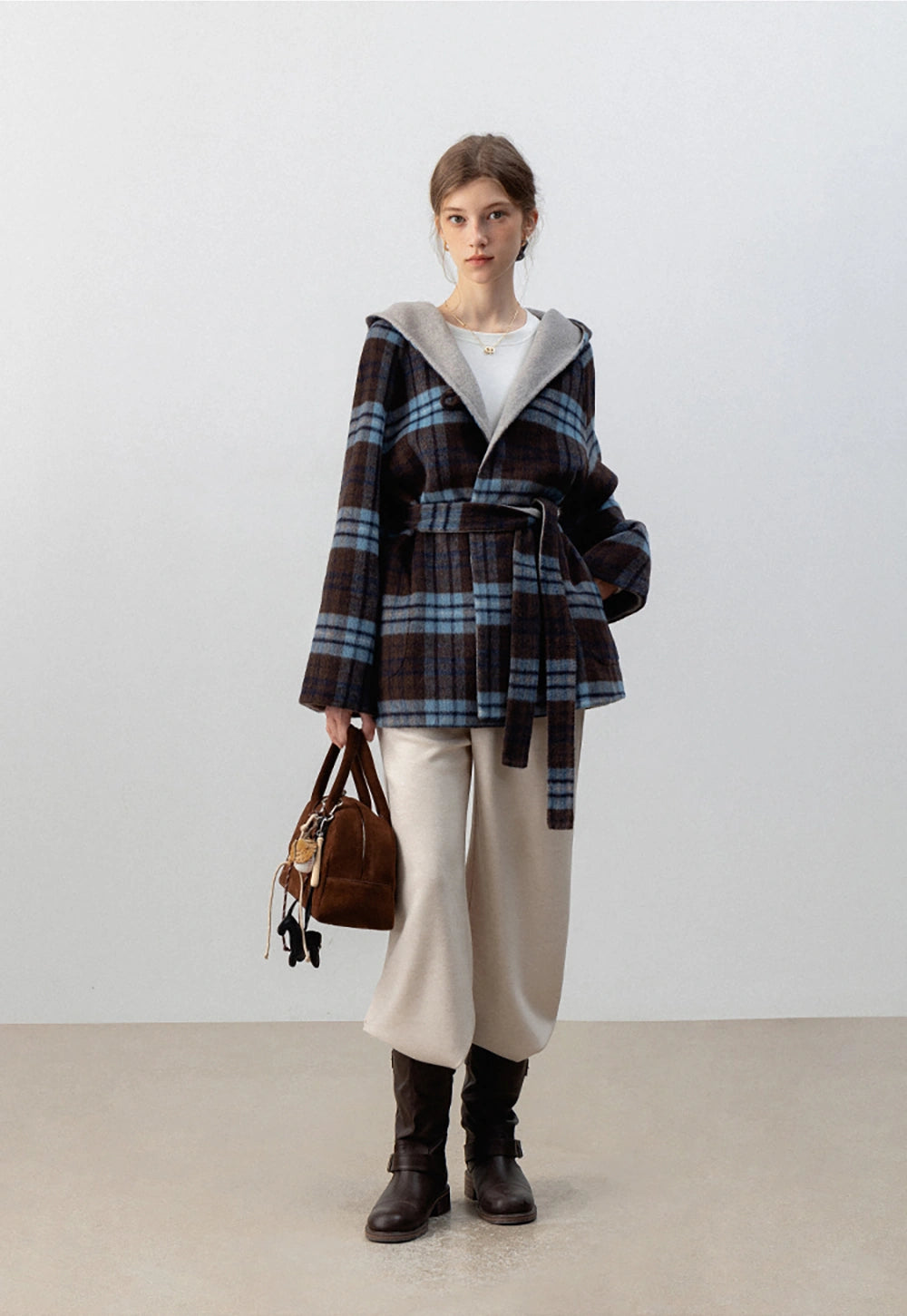 Plaid Hooded Belted Coat