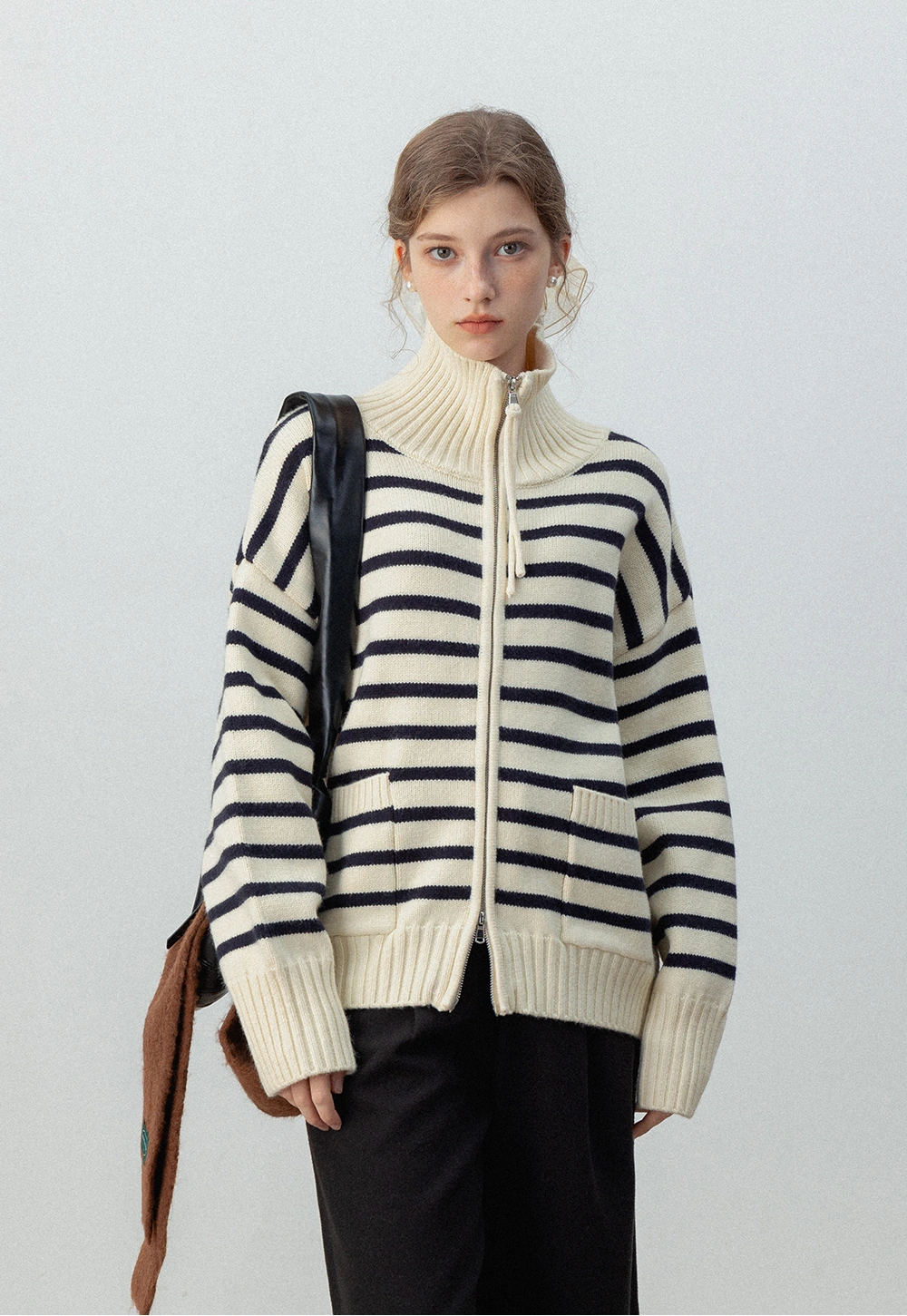 Striped Zip-Up Knit Cardigan