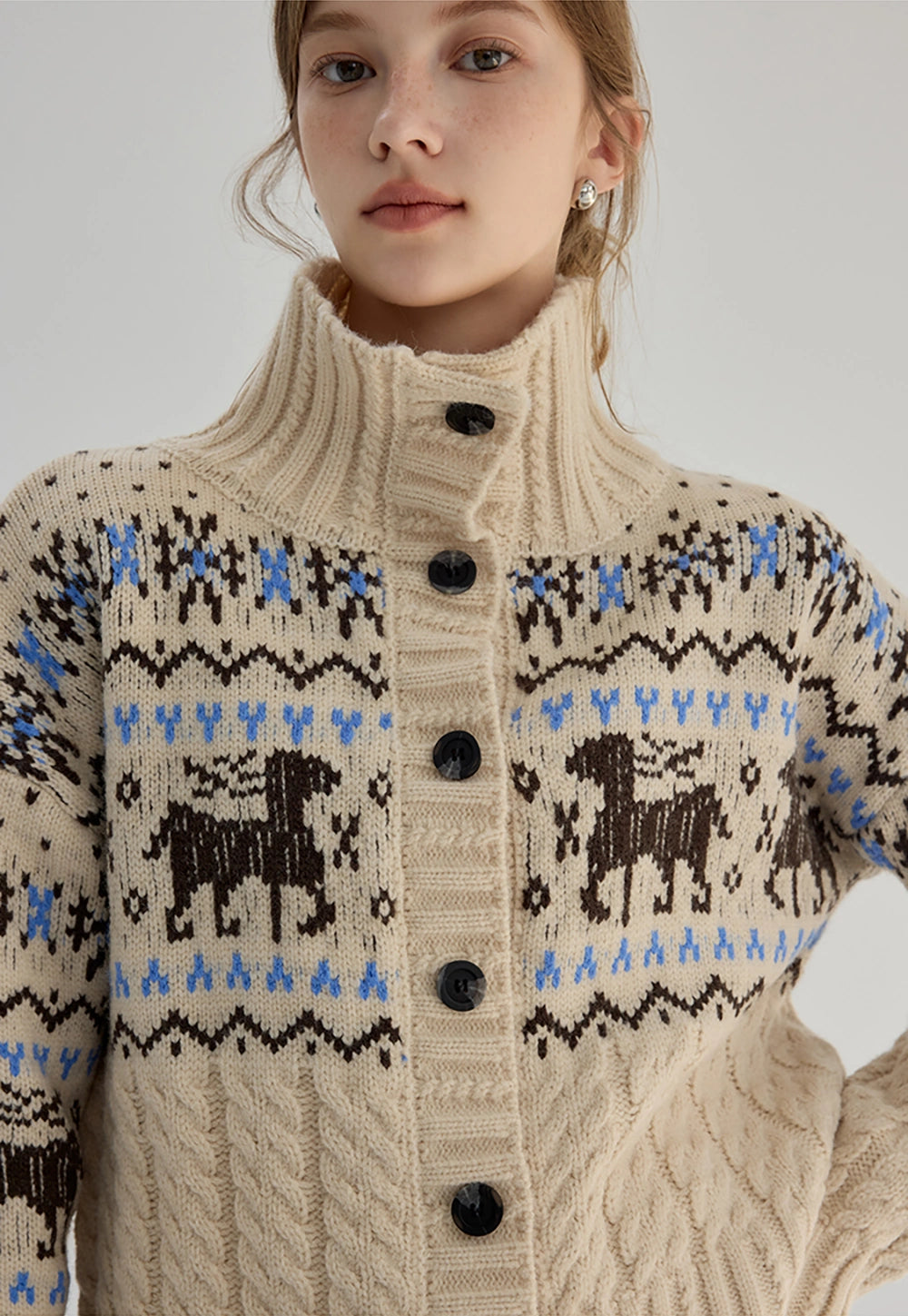 Women's Horse Print Fair Isle Cardigan Sweater