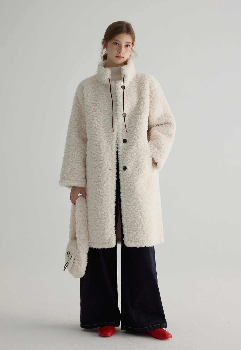 Women Faux Shearling Toggle Long Teddy Coat