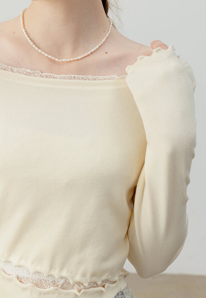 Asymmetrical Lace-Trimmed Long-Sleeve Top