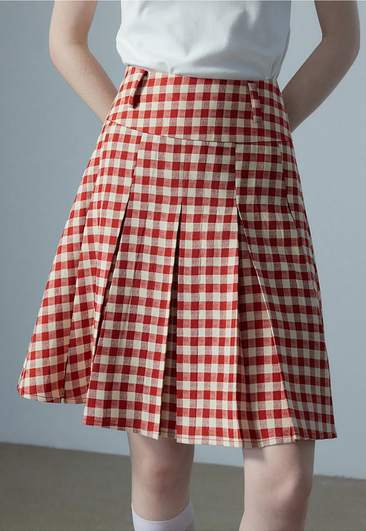 Women's Red and White Checkered Pleated Skirt