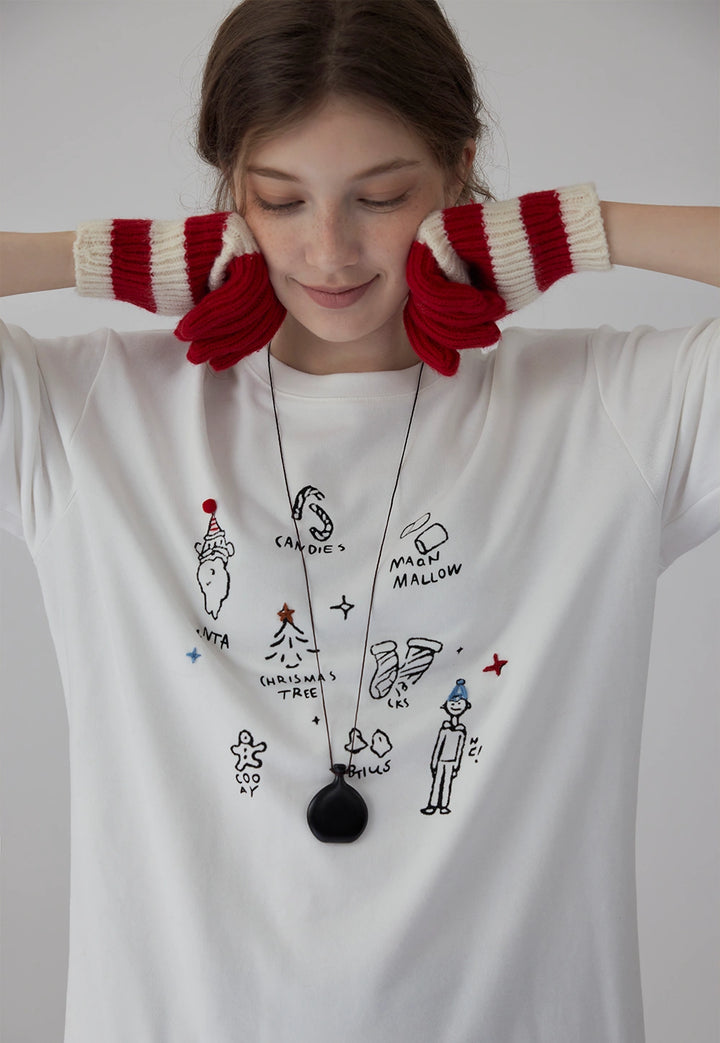 Christmas Cartoon Print Fleece-Lined Long T-Shirt