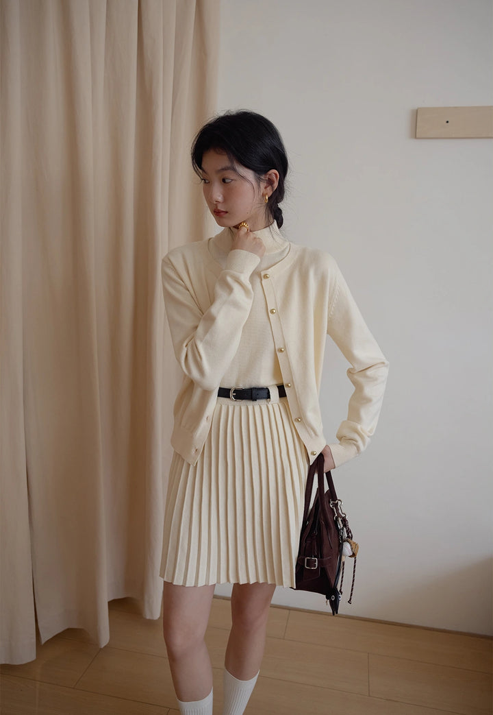 Cream Cardigan and Pleated Skirt Set