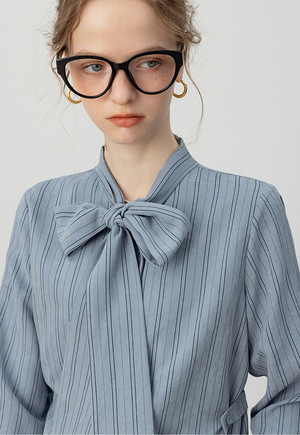 Striped Tie-Neck Blouse with Cuffed Sleeves