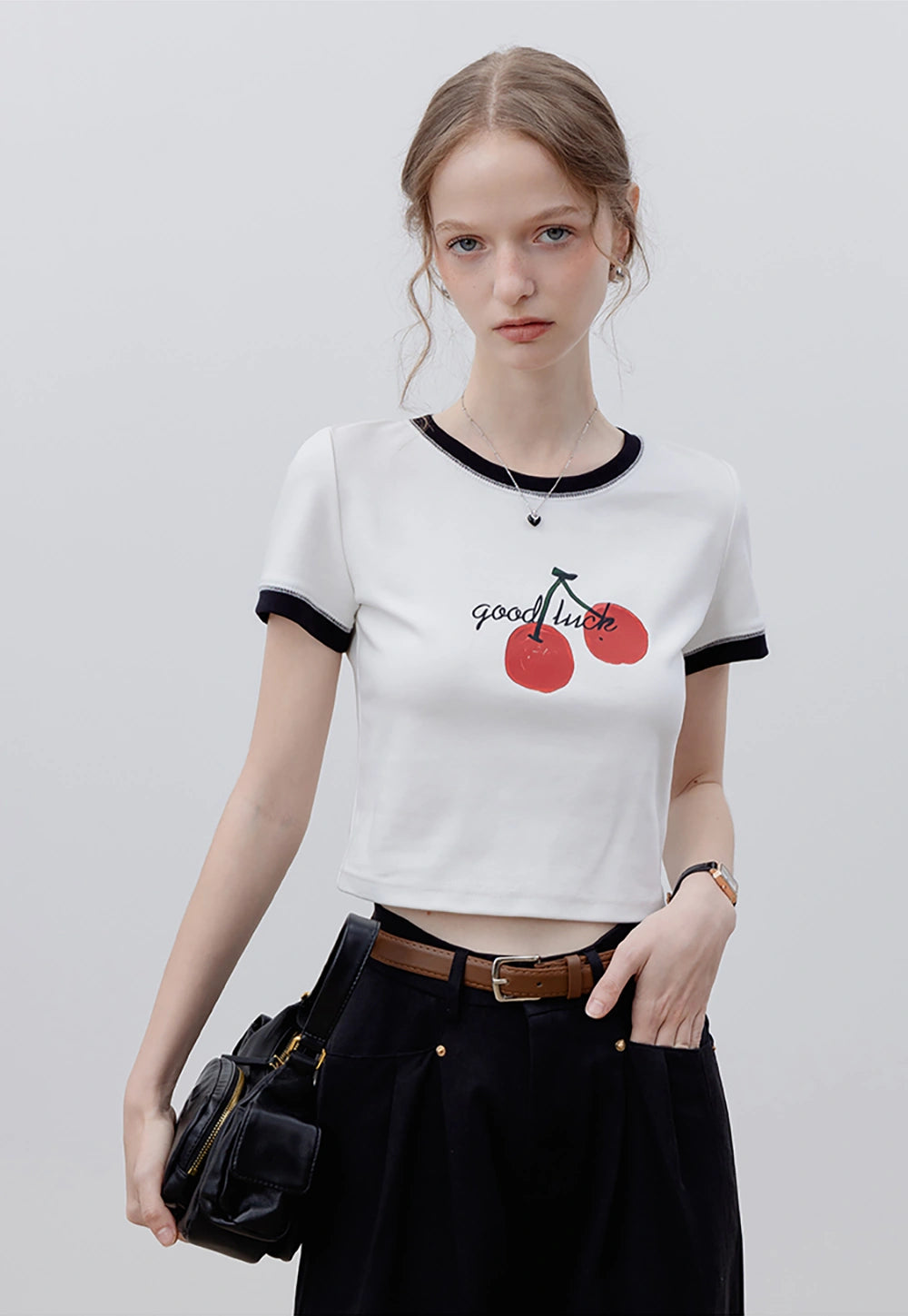 Women's Ringer Tee with Cherry 'Good Luck' Graphic