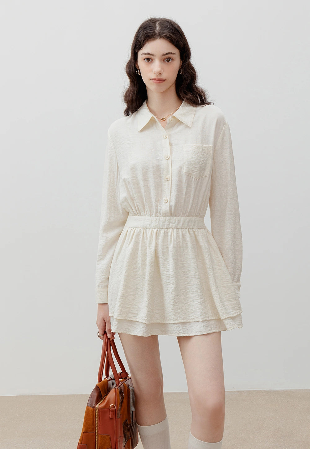 Long-Sleeve Cinched-Waist Shirt Dress