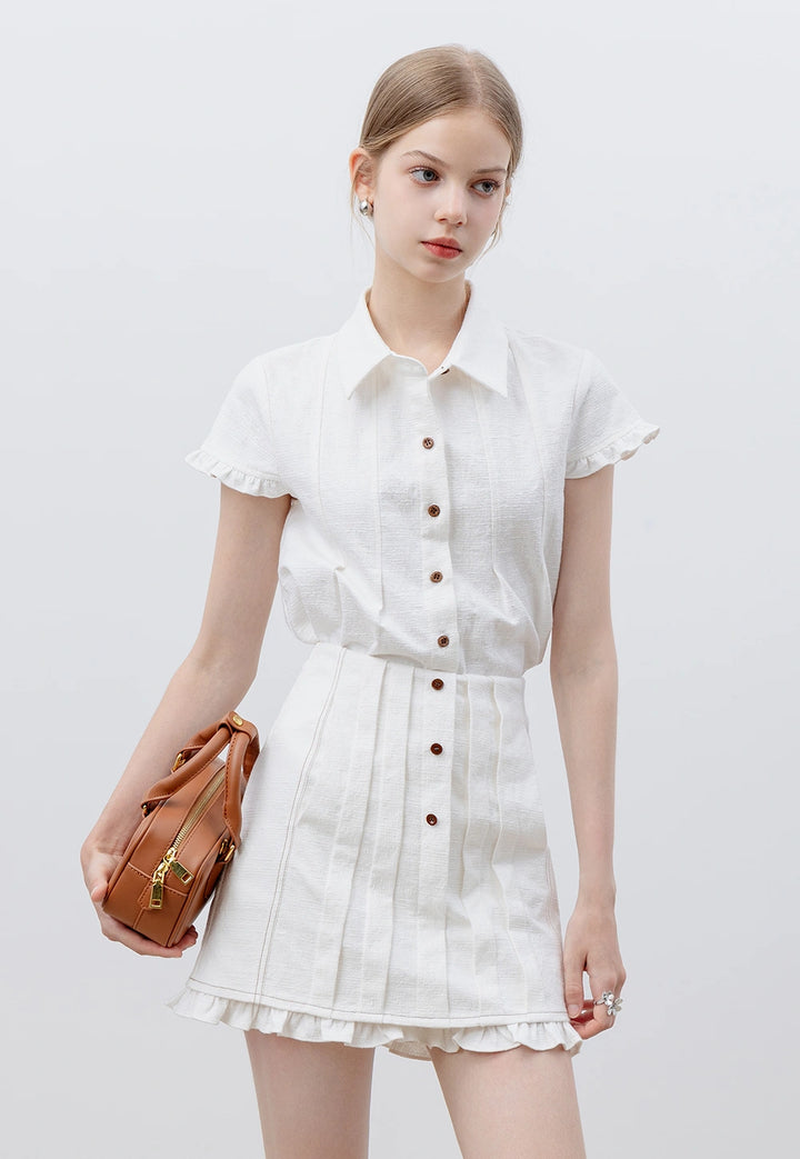 Women's lassic White Button-Up Top and Pleated Skirt Set