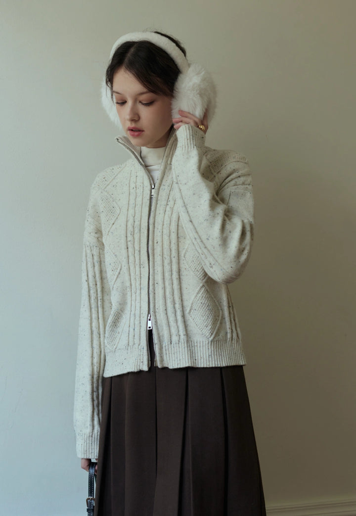 Cable-Knit High-Neck Zip-Up Cardigan