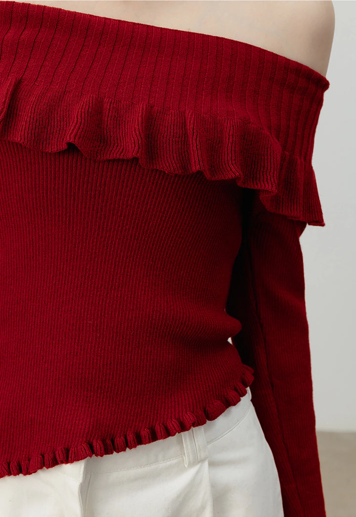 Off-Shoulder Ruffle Long Sleeve Knit Top