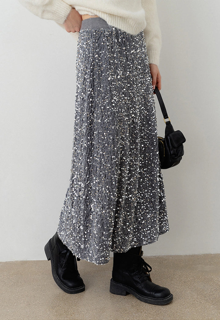 Women's Sparkly Silver Sequin Midi Skirt