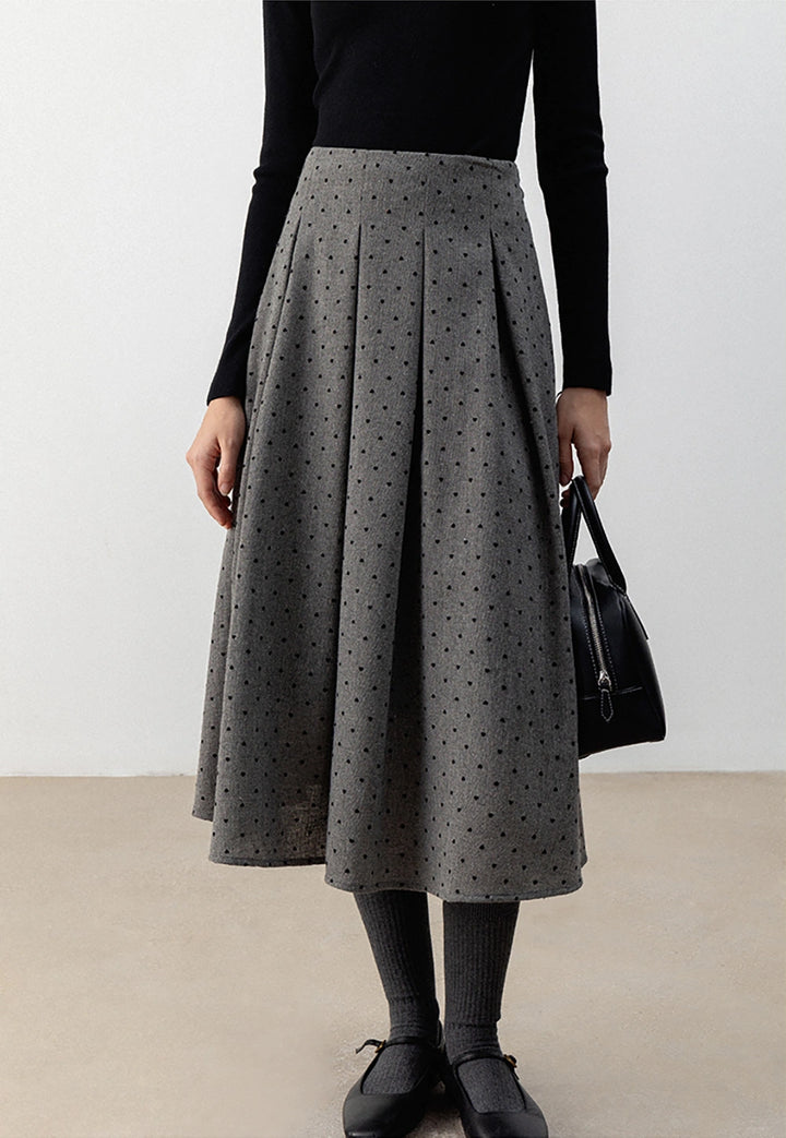 Gray Pleated Polka Dot Midi Skirt