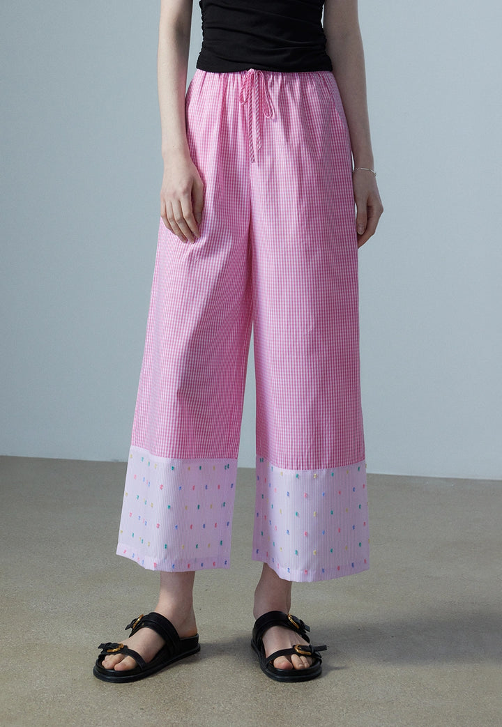 Women's Gingham Pattern Wide-Leg Pants with Contrasting Hem