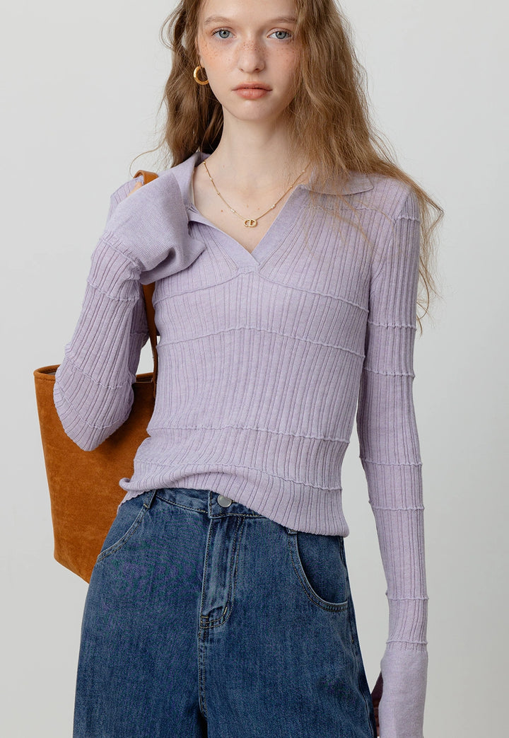 Ribbed Knit Polo Long Sleeve Collar Top