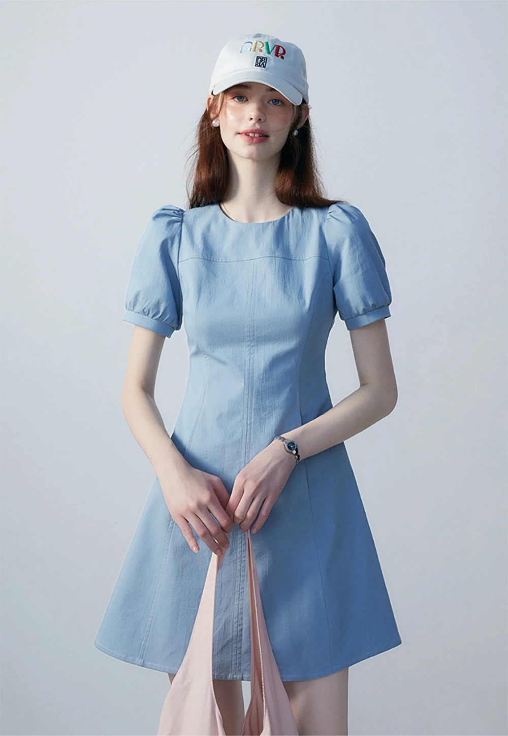 Women's Elegant Blue A-Line Dress with Puffed Sleeves