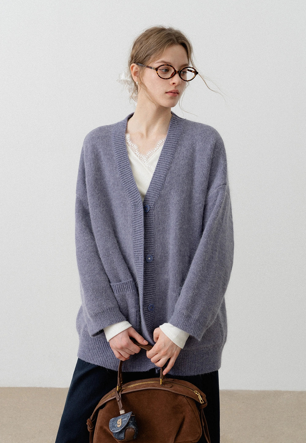 Rabbit Hair V-Neck Hidden Button Chunky Sweater Coat