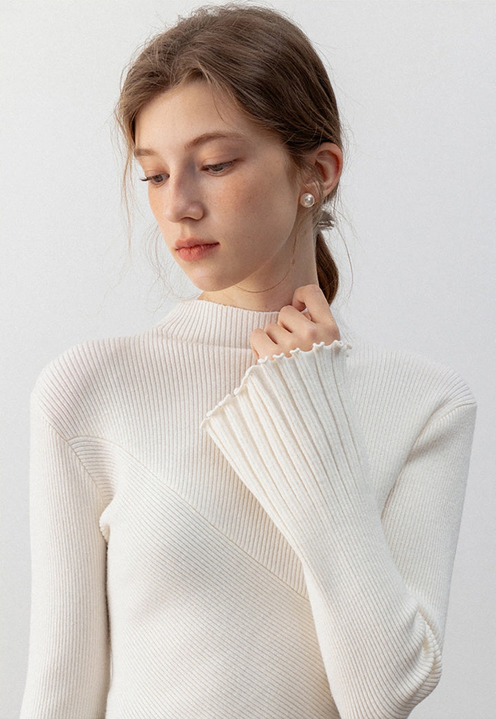 Ribbed High- Neck Sweater with Flared Sleeves