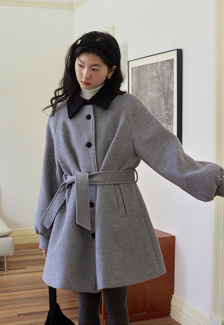 Wool Coat with Contrast Collar and Belted Waist