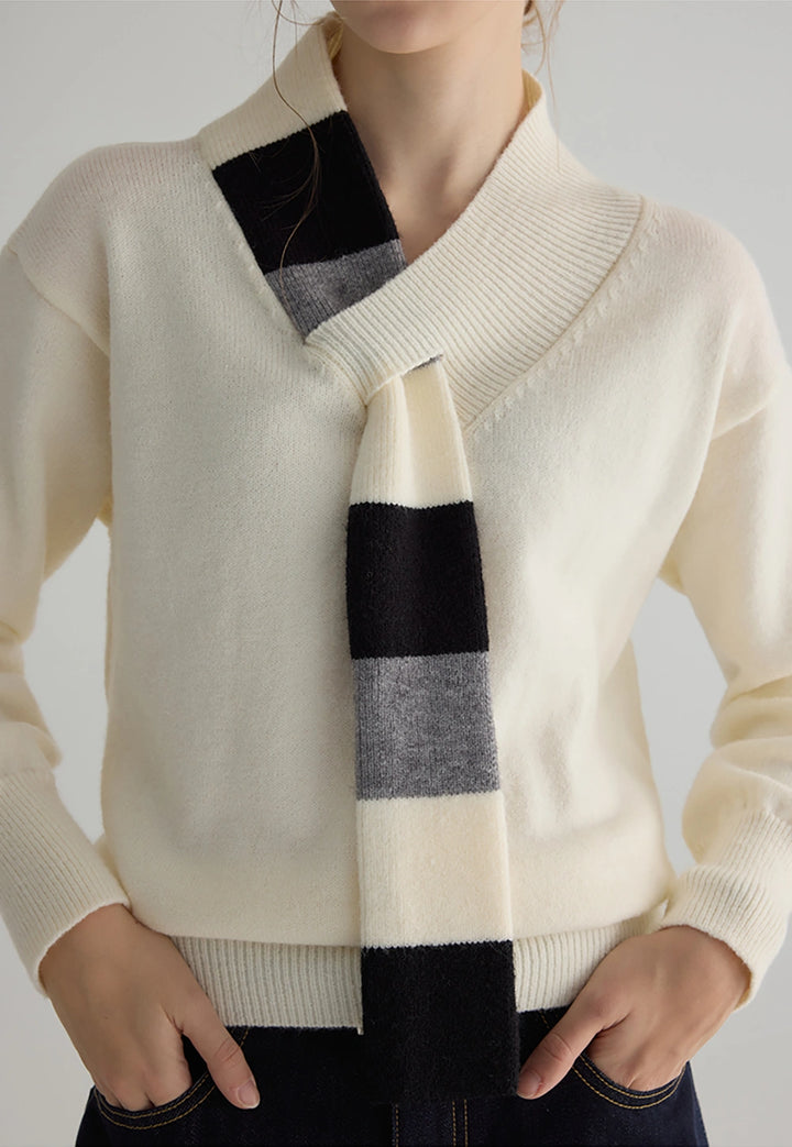 V-Neck Striped Scarf Sweater